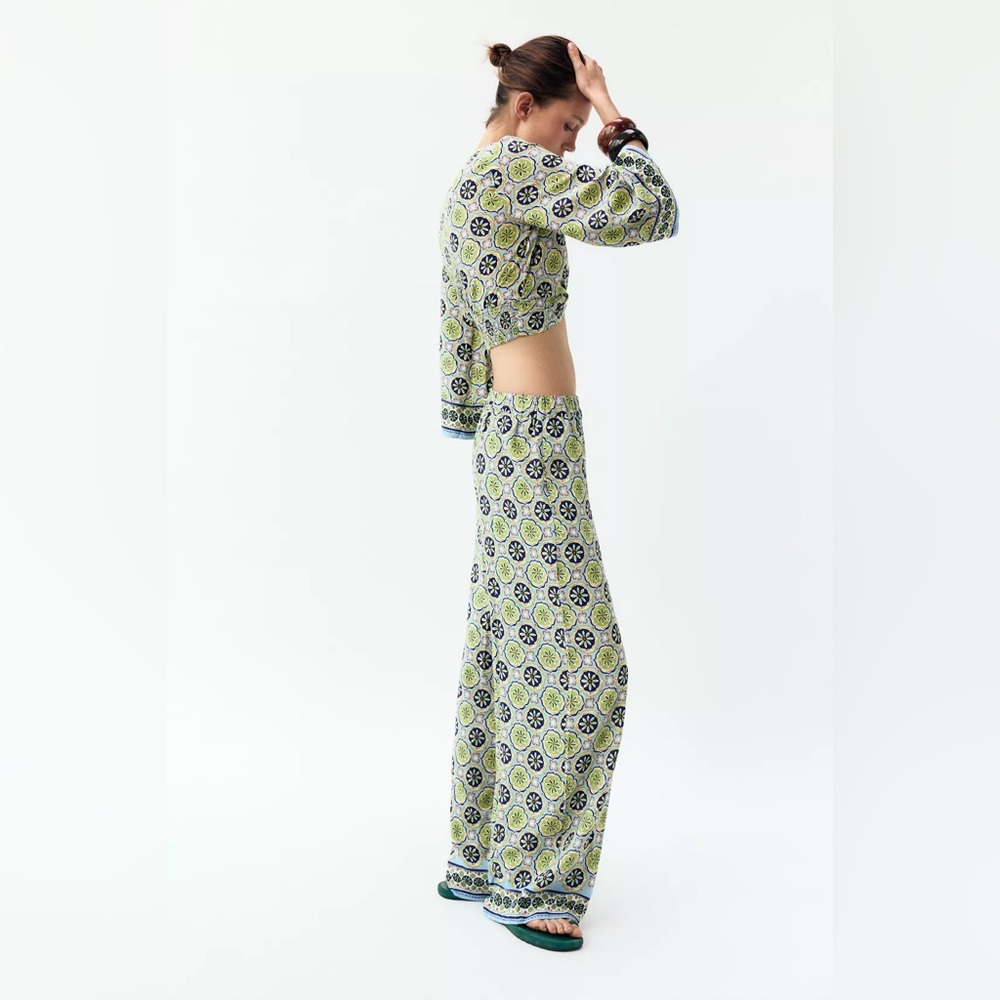 Zara Patterned Wide-Leg Pants - Blue and Green
